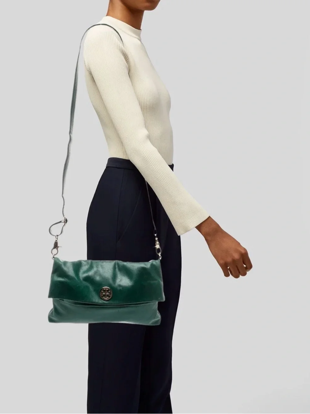 Tory Burch Emerald Green Leather Fold-Over Crossbody with Logo